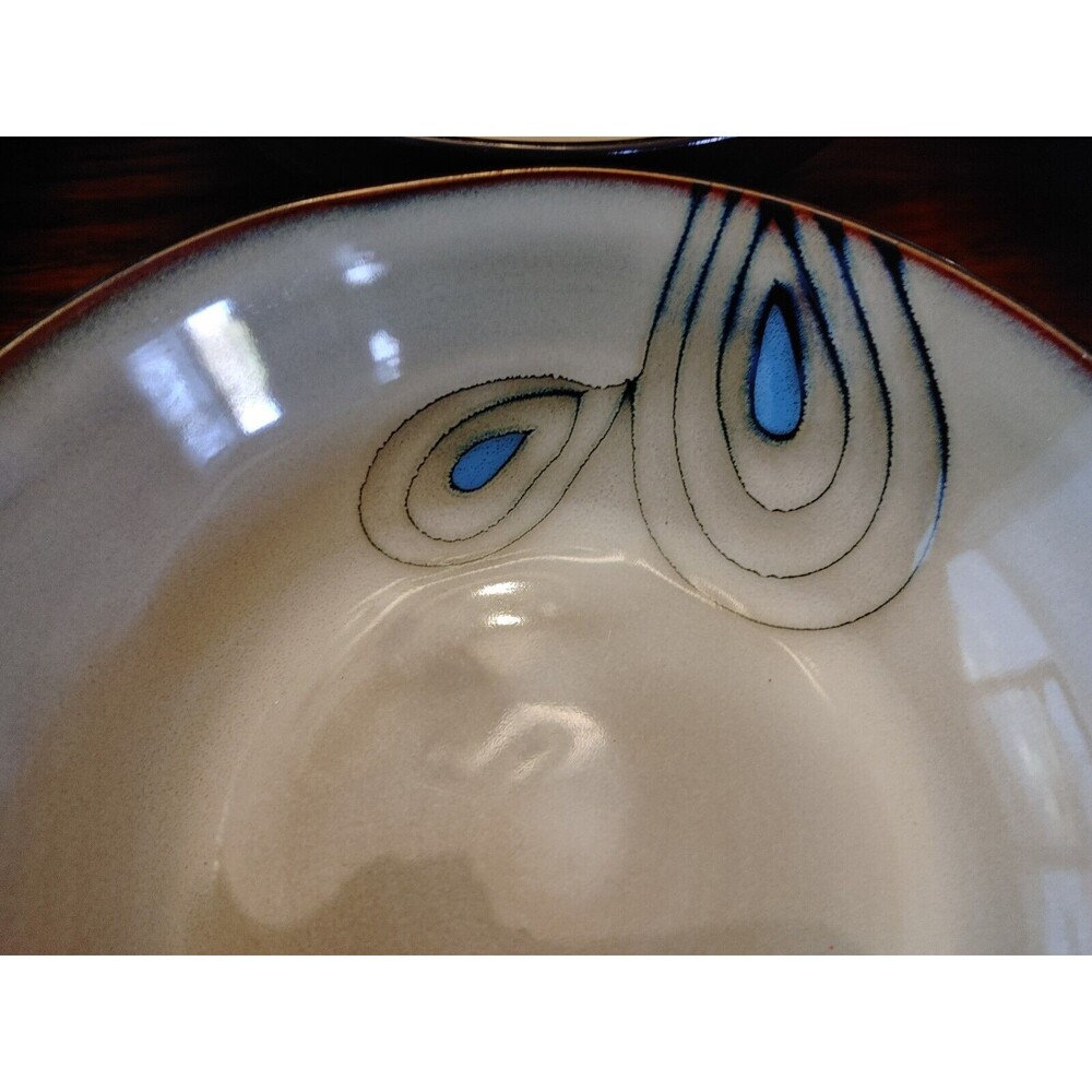 SET OF 2 ~ Pier 1 Reactive TEAL Peacock Stoneware Cereal/Soup Bowl Beige BLUE VG
